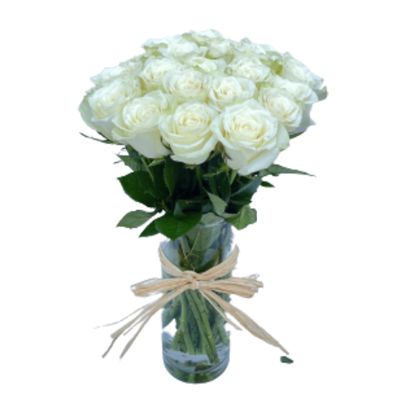 20 White roses in glass vase
