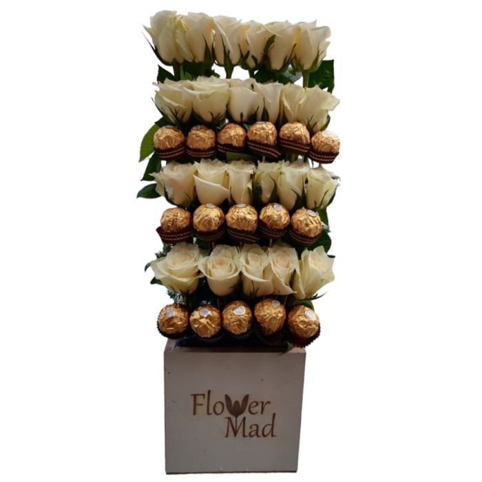 White Roses and Ferrero Rocher in Wooden Box