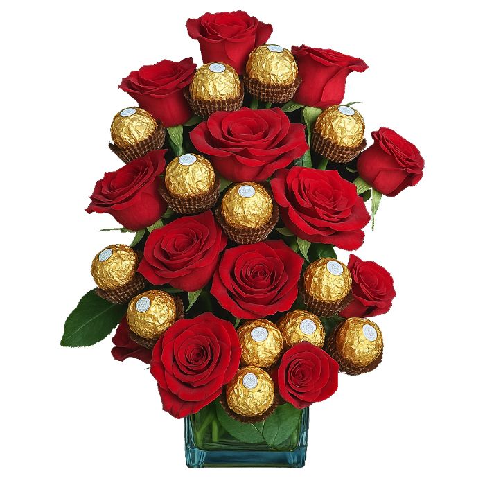 Square Glass Vase with Red Roses &amp; 16 Ferrero rocher