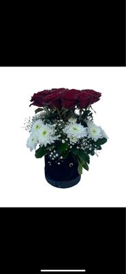 Black Box with 10 Red Roses and 5 White Chrysanthemums