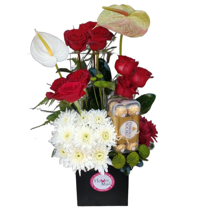 Red Roses and Anthuriums with Chocolate in Wooden Box