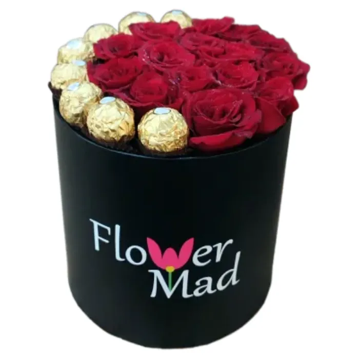 Elegant Red Roses &amp; Ferrero Rocher Round Box