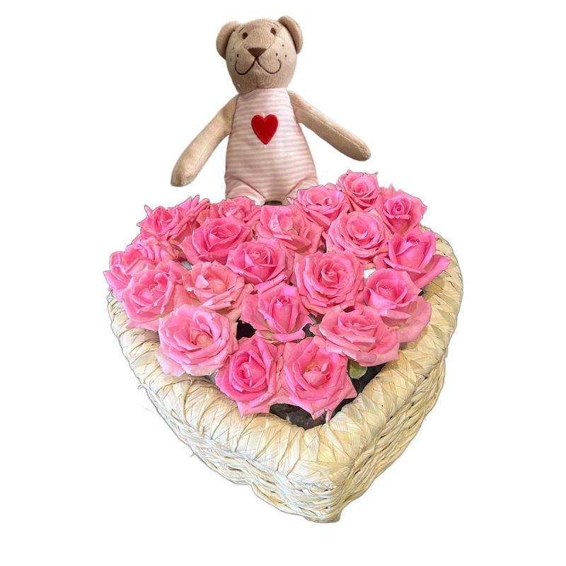 Natural Pink Roses Basket - Baby girl with pink teddy bear