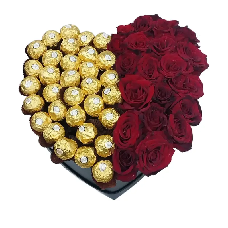 Heart Box with 20 Red Roses and 32 Ferrero Rocher