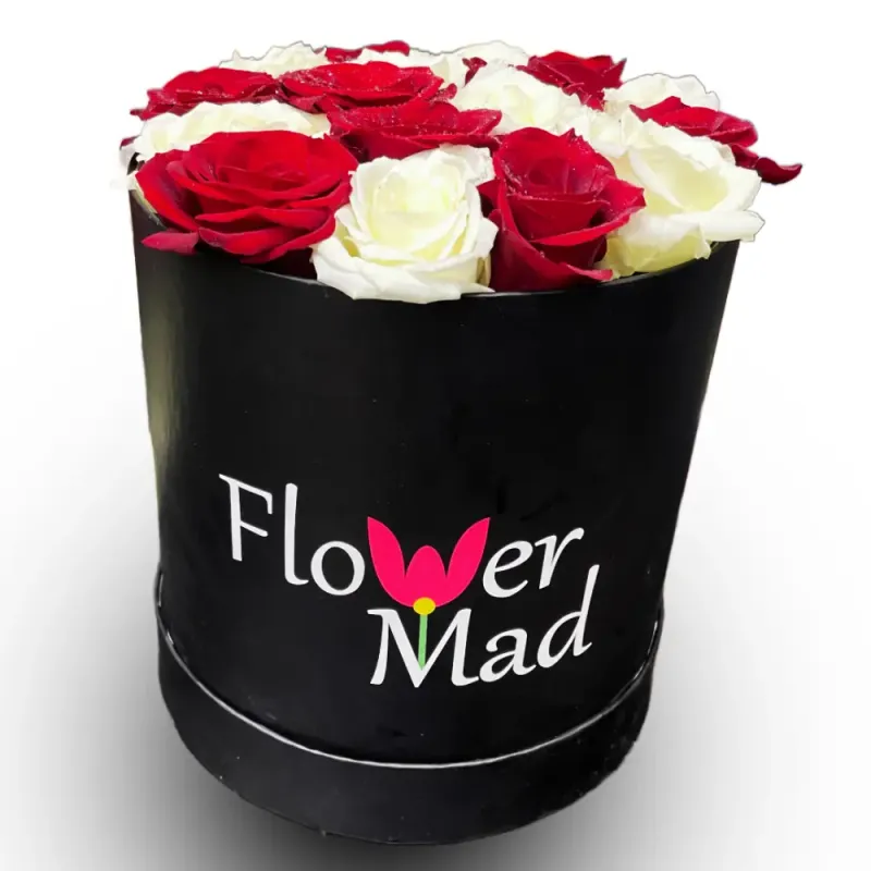 Round Box with 20 Red &amp; White Roses