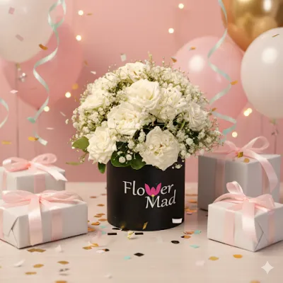 Black Box with 20 White Roses &amp; Baby Flowers