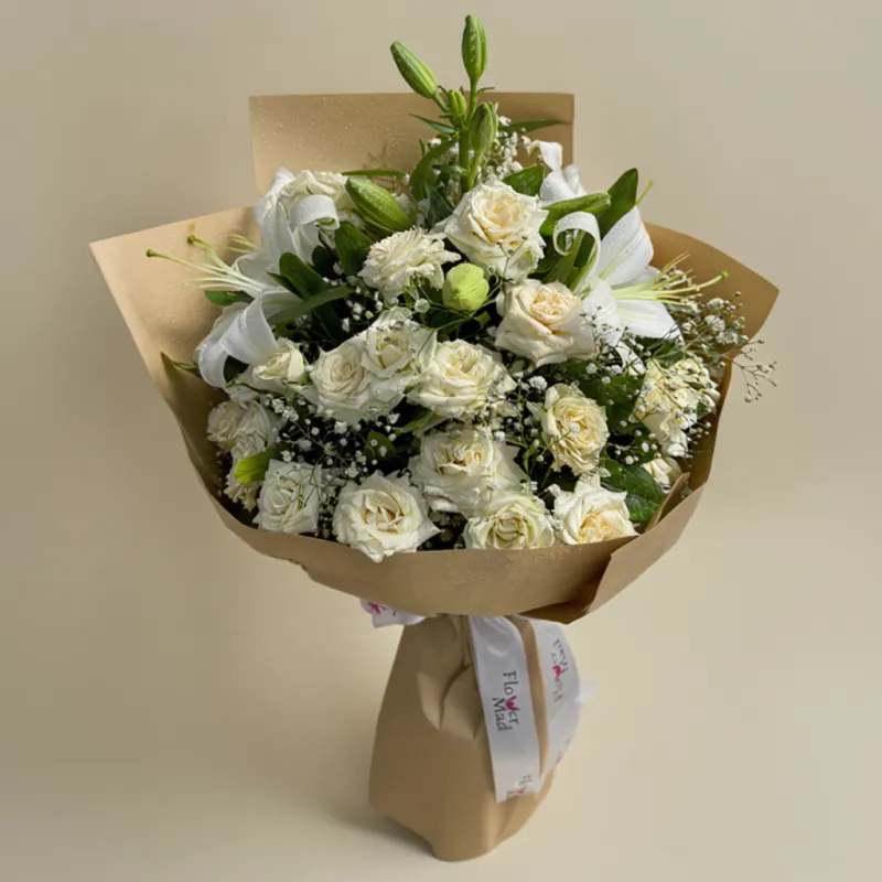 30 White Roses &amp; 3 Lilies