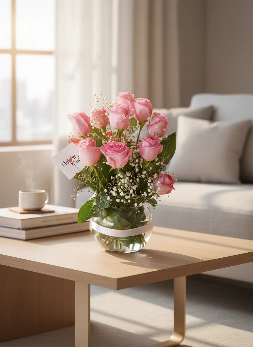 10 Imported pink roses in vase