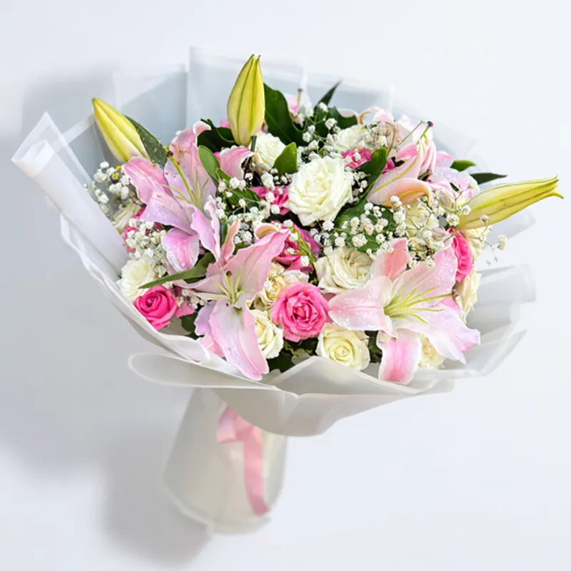 Lilies &amp; White &amp; Pink Roses Bouquet
