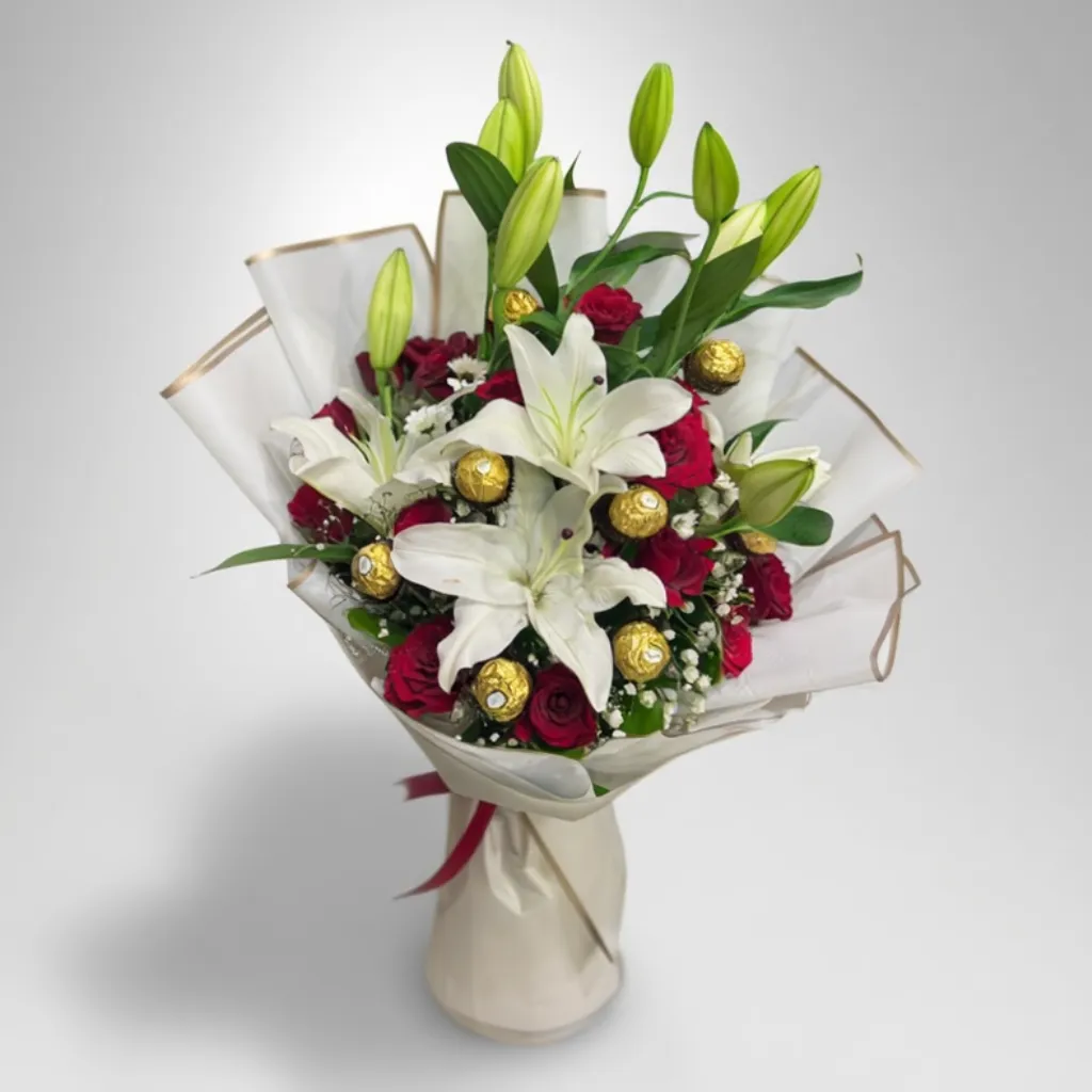 Red Roses &amp; White Lilies &amp; 8 Ferrero Rocher