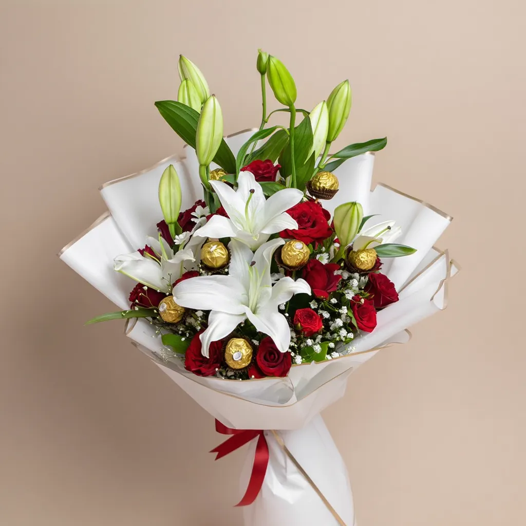 Red Roses &amp; White Lilies &amp; 8 Ferrero Rocher