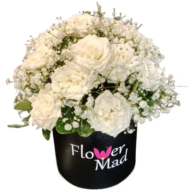 Black Box with 20 White Roses &amp; Baby Flowers