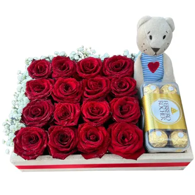 16 Red Roses &amp; Ferrero Rocher &amp; Teddy Bear