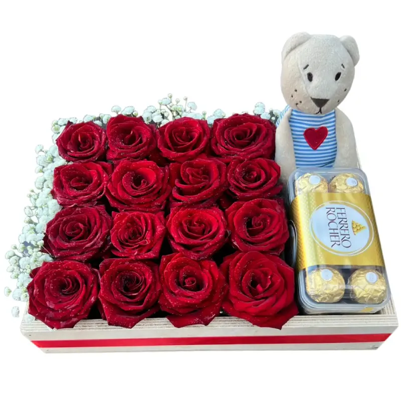 16 Red Roses &amp; Ferrero Rocher &amp; Teddy Bear