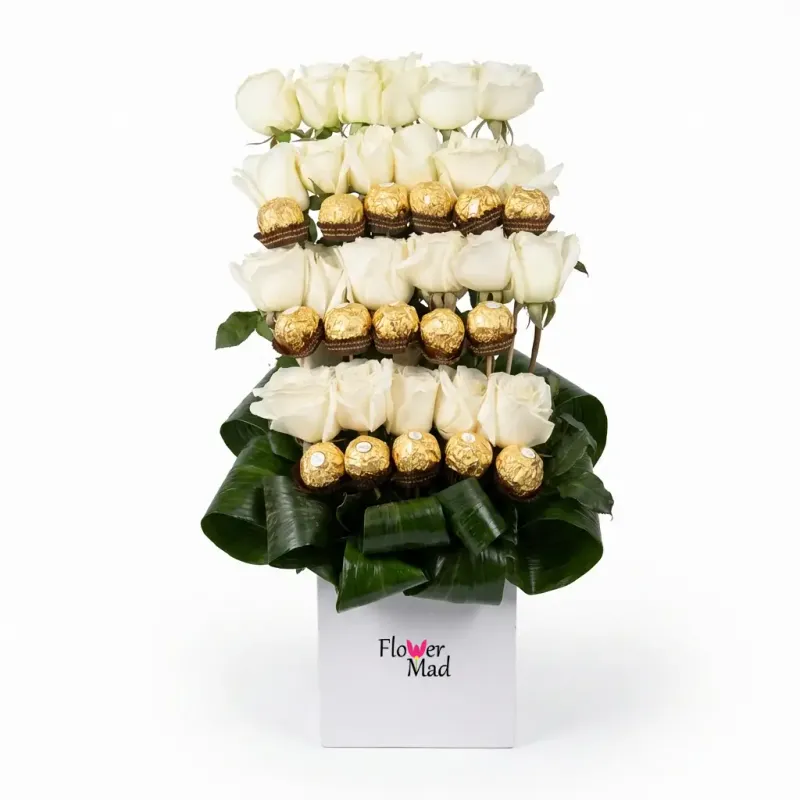 White Roses and Ferrero Rocher in Wooden Box