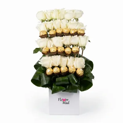White Roses and Ferrero Rocher in Wooden Box