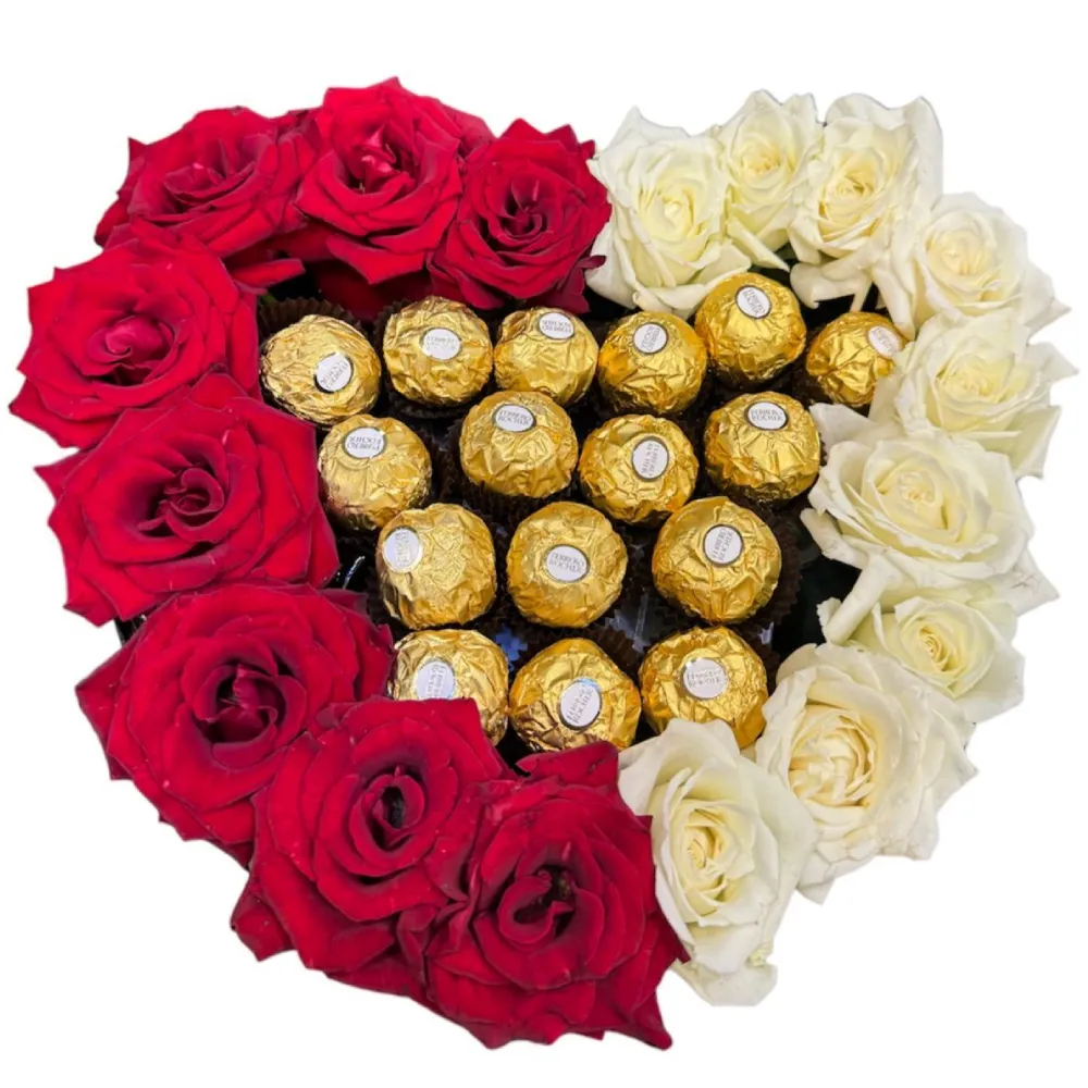Heart Box with Red &amp; White Roses and Ferrero Rocher