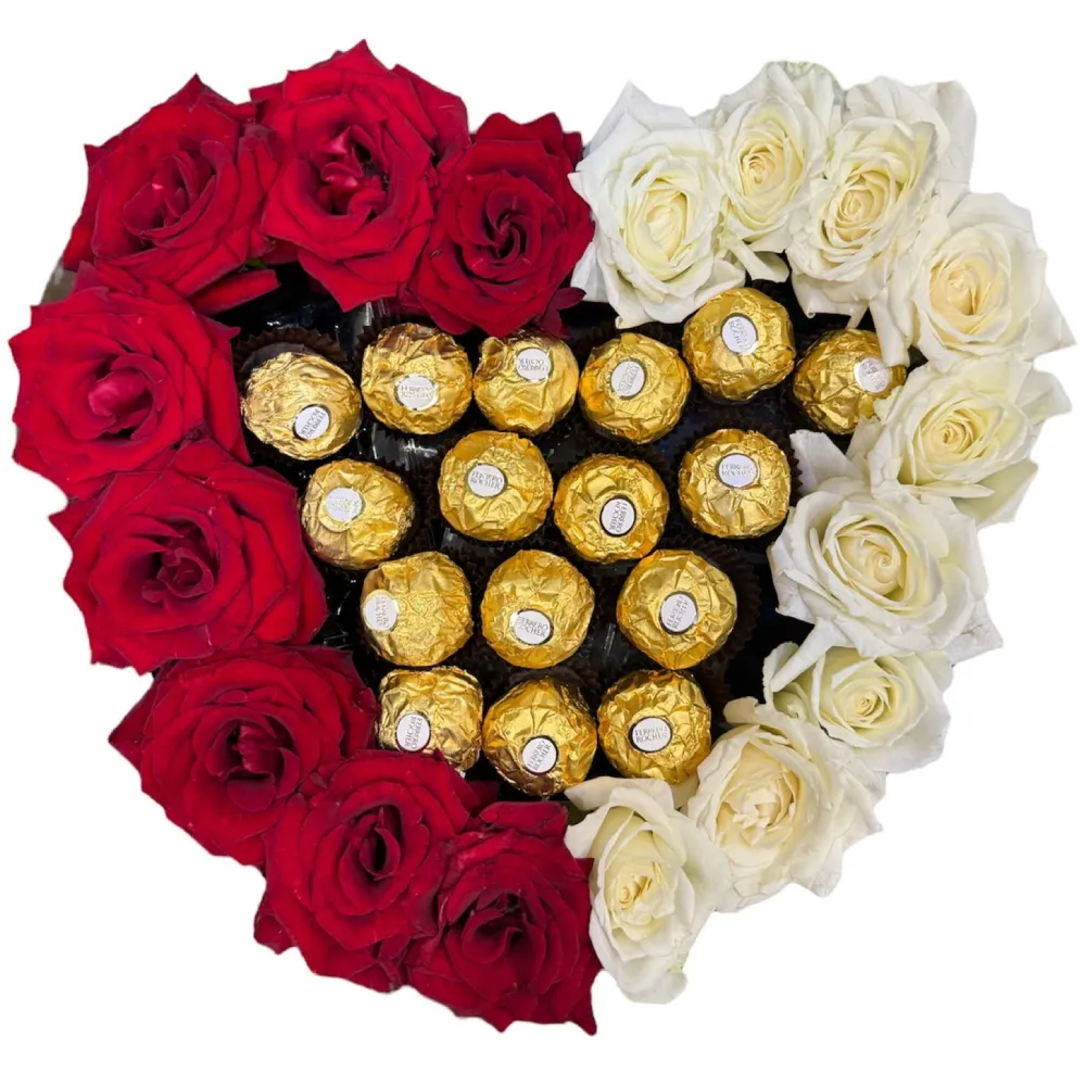 Heart Box with Red &amp; White Roses and Ferrero Rocher
