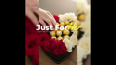 Heart Box with Red &amp; White Roses &amp; Ferrero Rocher (16 pcs)