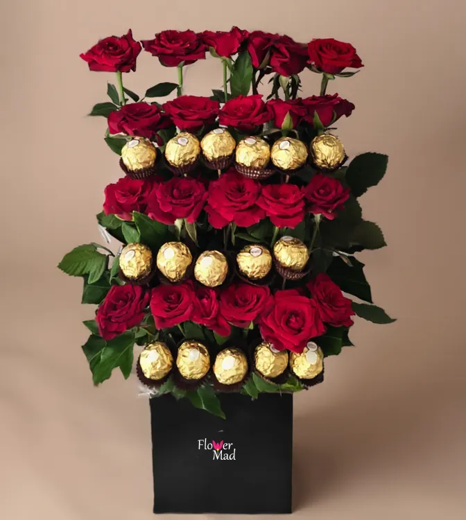 Black Box with Red Roses &amp; Ferrero Rocher (16 pcs)