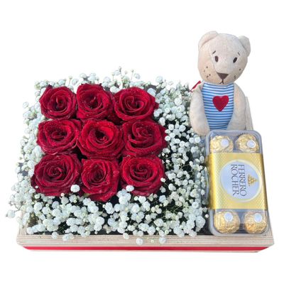 Red Roses Gift Box with Teddy &amp; Chocolate