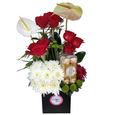 Red Roses and Anthuriums with Chocolate in Wooden Box