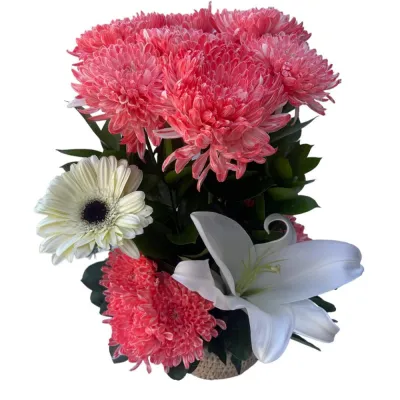 Palm Basket with Chrysanthemums and Lily