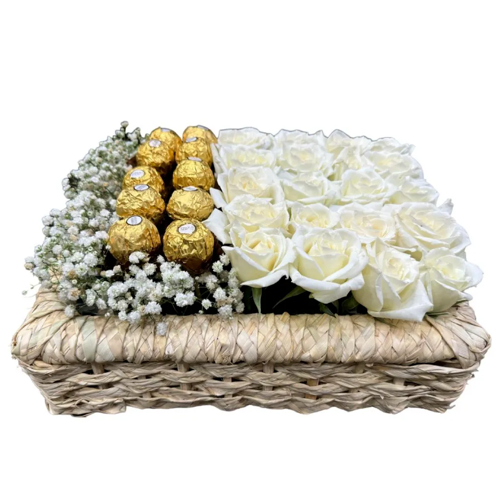 White Roses Box with Baby Flowers and Chocolate