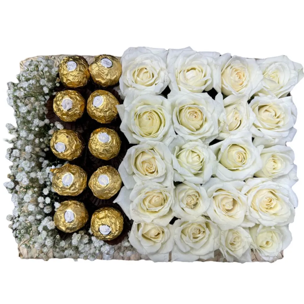White Roses Box with Baby Flowers and Chocolate