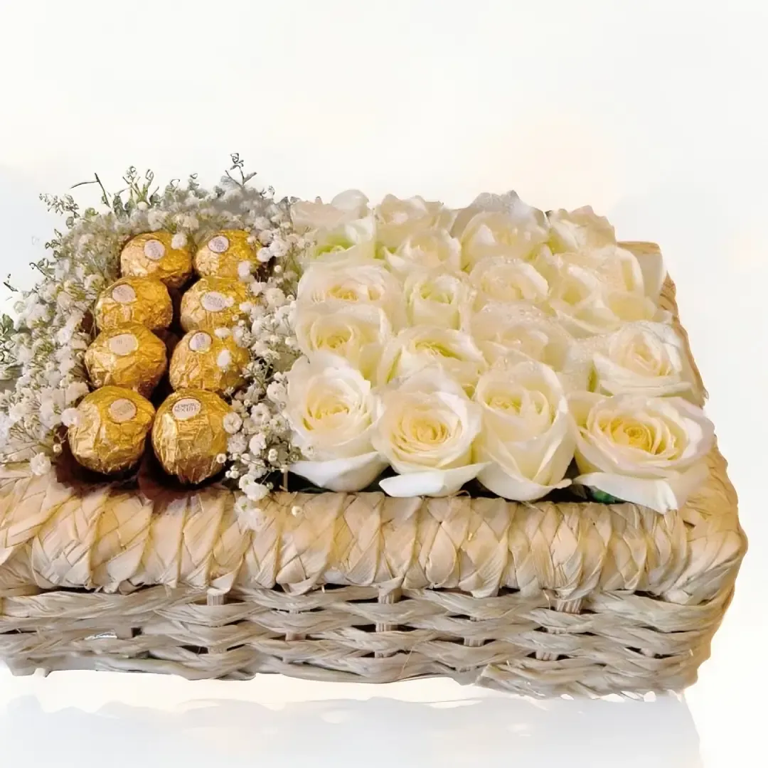 White Roses Box with Baby Flowers and Chocolate