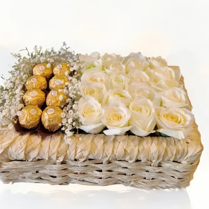 White Roses Box with Baby Flowers and Chocolate