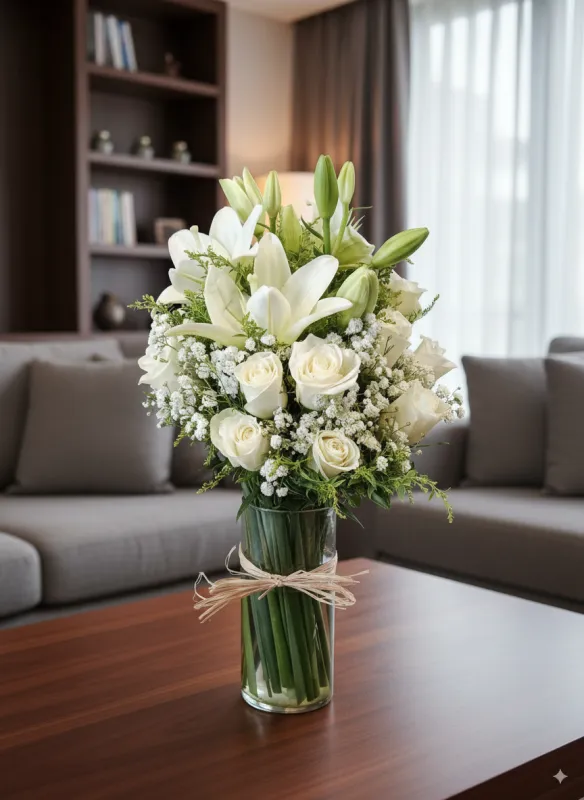 3Lilies &amp; 20 White Roses and Lilies in Glass Vase
