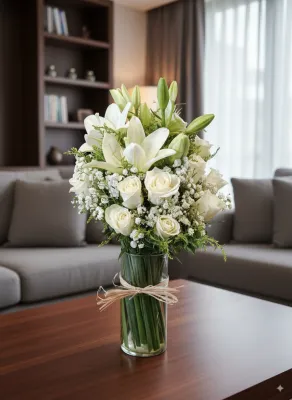 3Lilies &amp; 20 White Roses and Lilies in Glass Vase