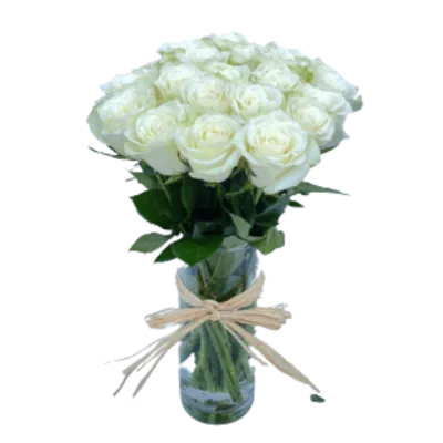 20 White roses in glass vase