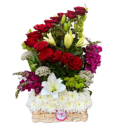 Luxury Floral Basket – Red Roses &amp; Lilies Arrangement