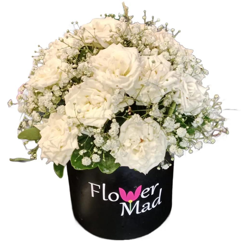 Black Box with 25 White Roses &amp; Baby Flowers