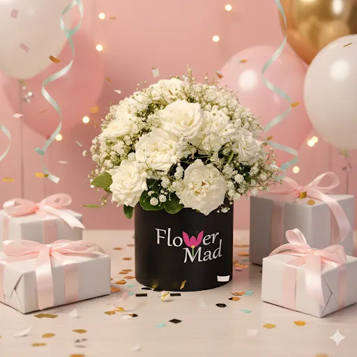 Black Box with 25 White Roses &amp; Baby Flowers
