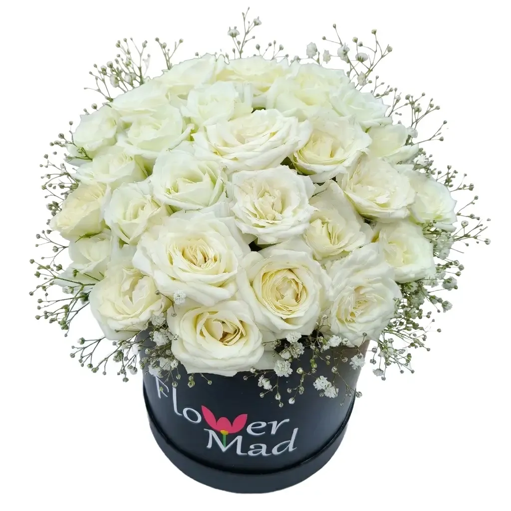 Black Box with 25 White Roses &amp; Baby Flowers