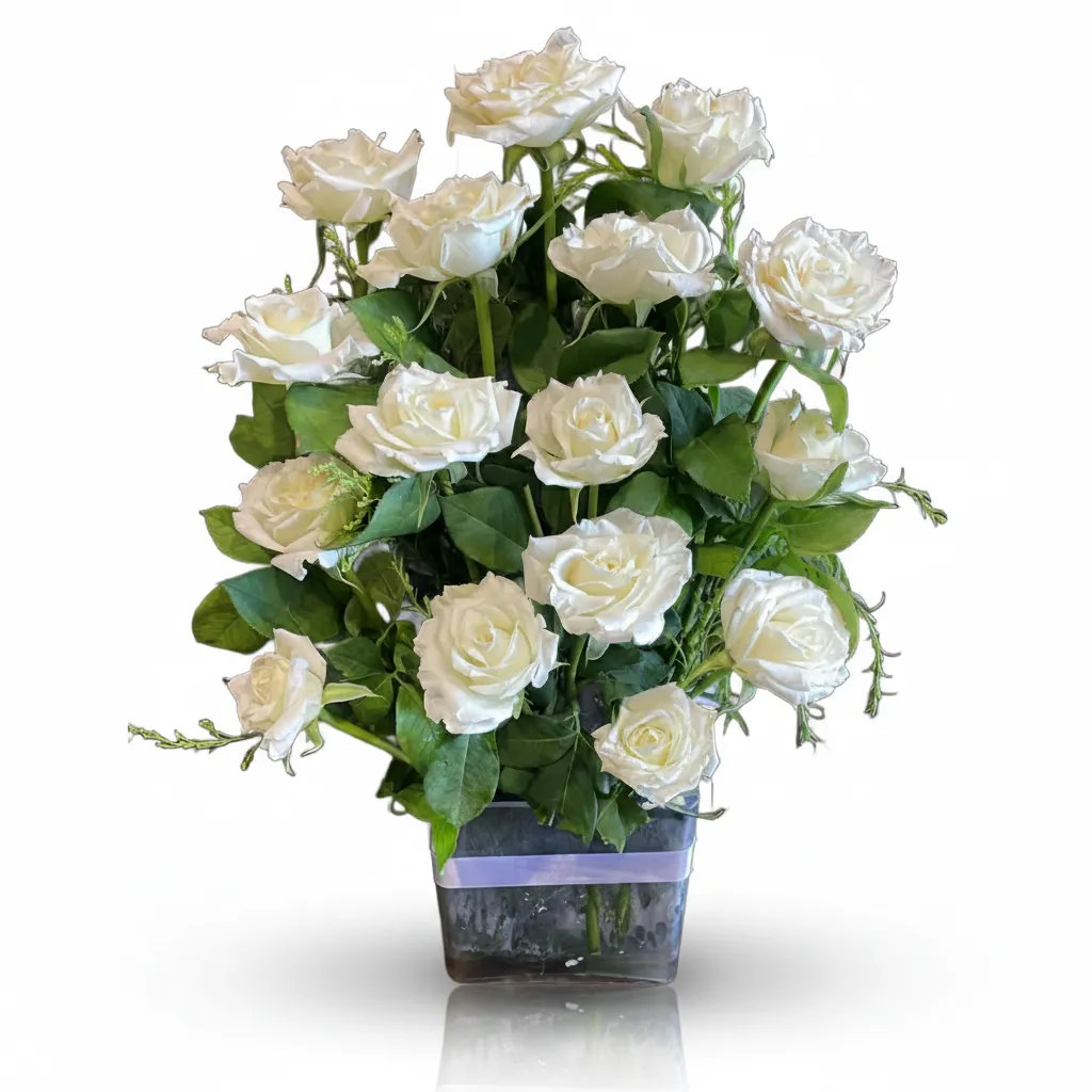 16 white roses in vase