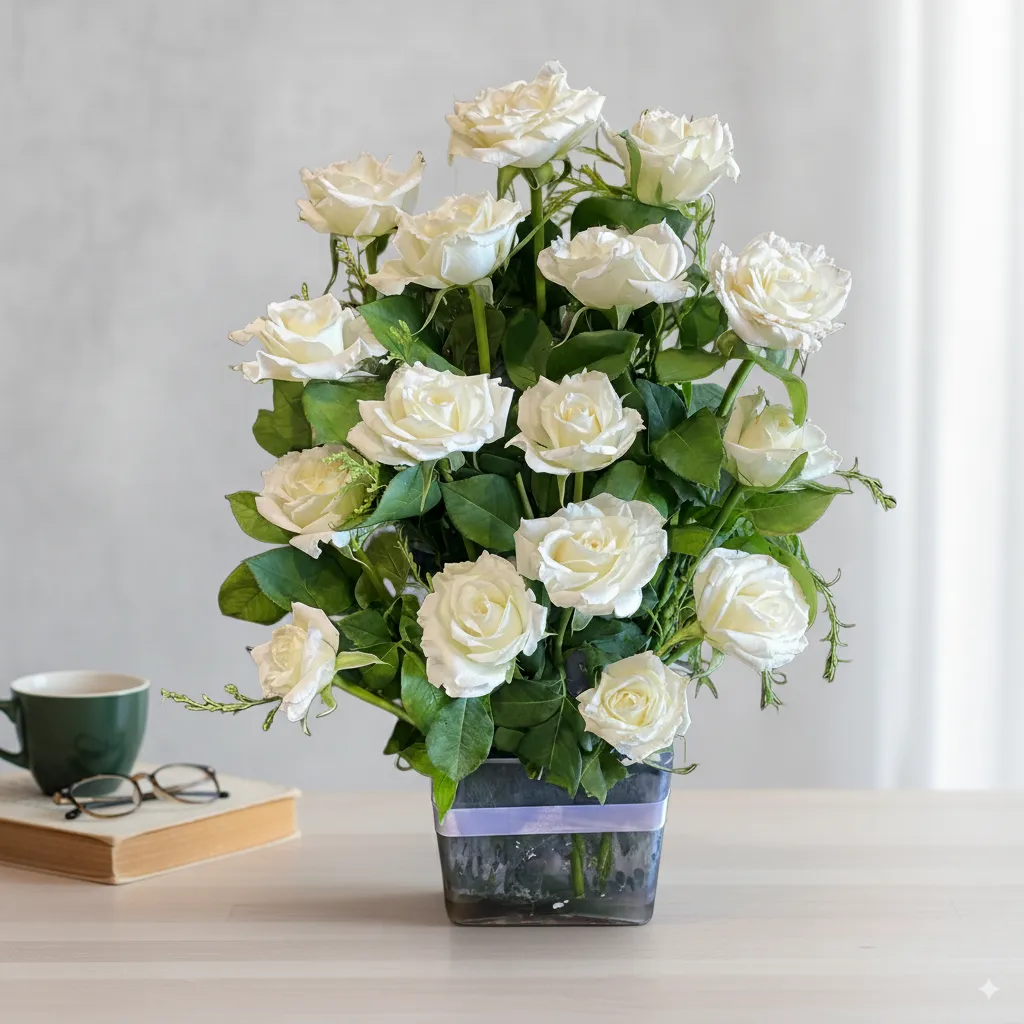 16 white roses in vase