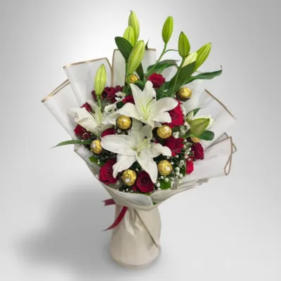 Red Roses &amp; White Lilies &amp; Ferrero Rocher (8pcs)