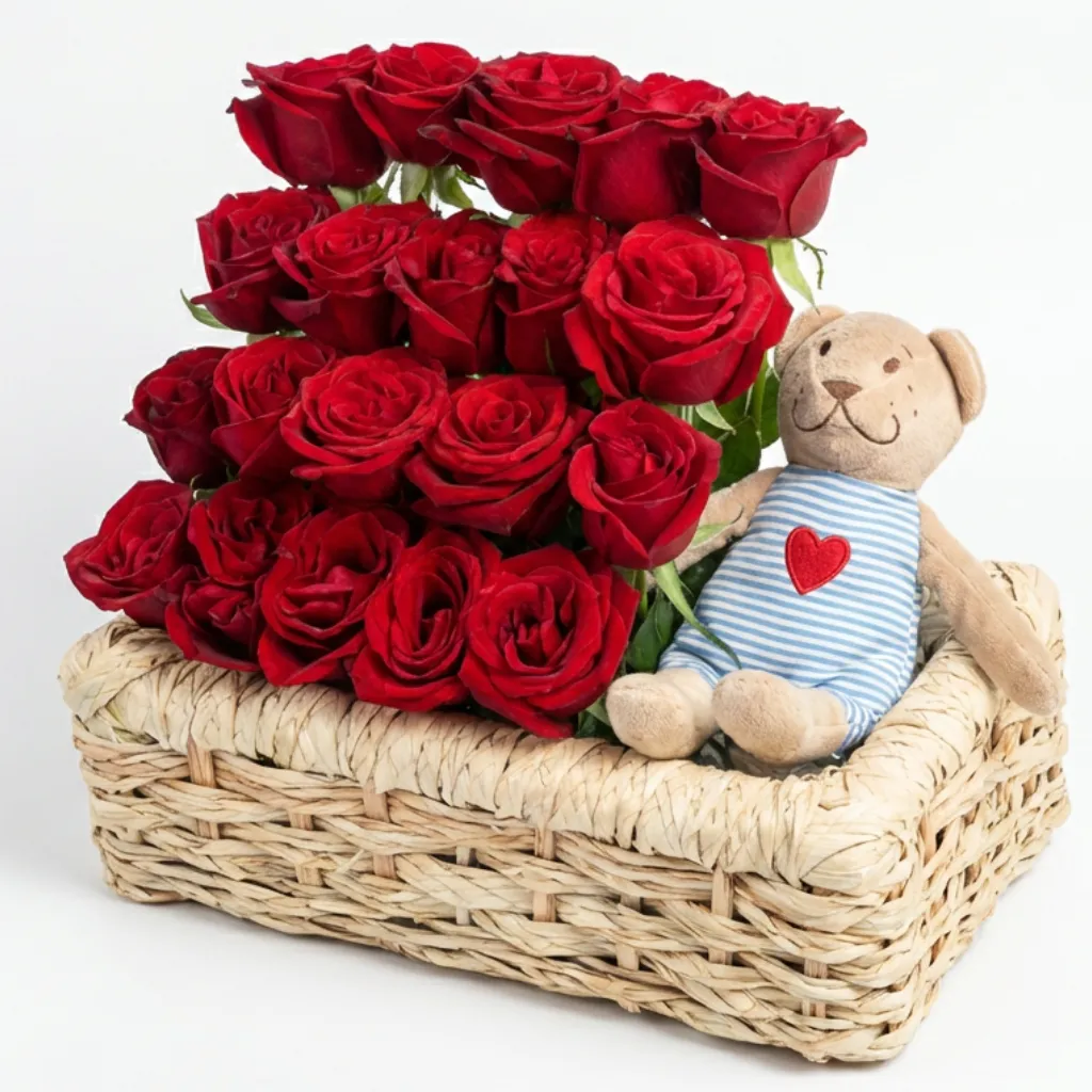 20 red roses &amp; Teddy bear in palm basket