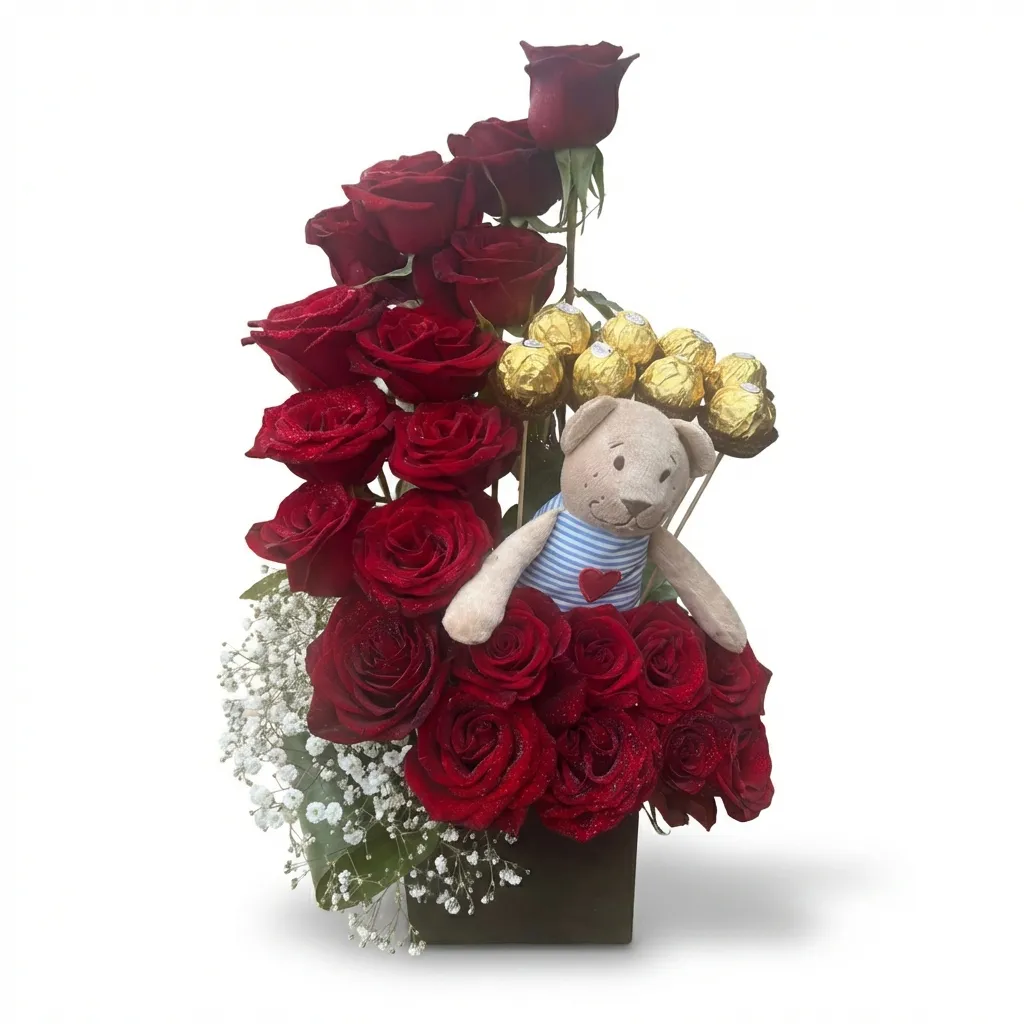 20 red roses &amp; 8 ferrero rocher &amp; teddy bear