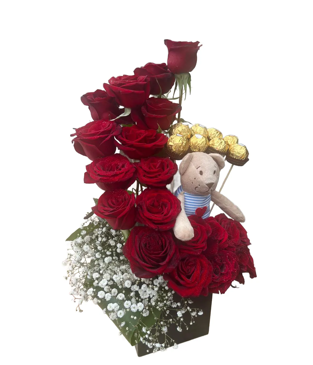 20 red roses &amp; 8 ferrero rocher &amp; teddy bear