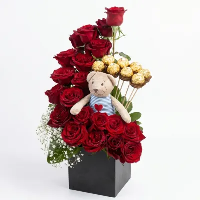 20 red roses &amp; 8 ferrero rocher &amp; teddy bear