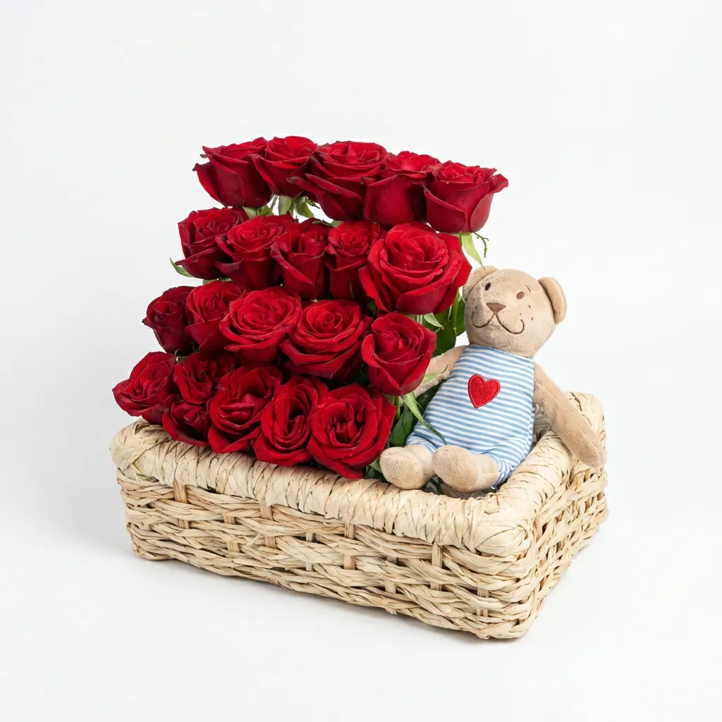 20 red roses &amp; Teddy bear in palm basket
