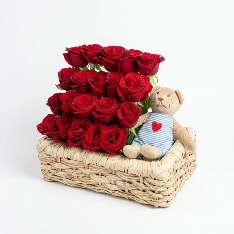 20 red roses &amp; Teddy bear in palm basket