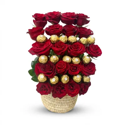 20 red roses &amp; 16 ferrero rocher in palm basket