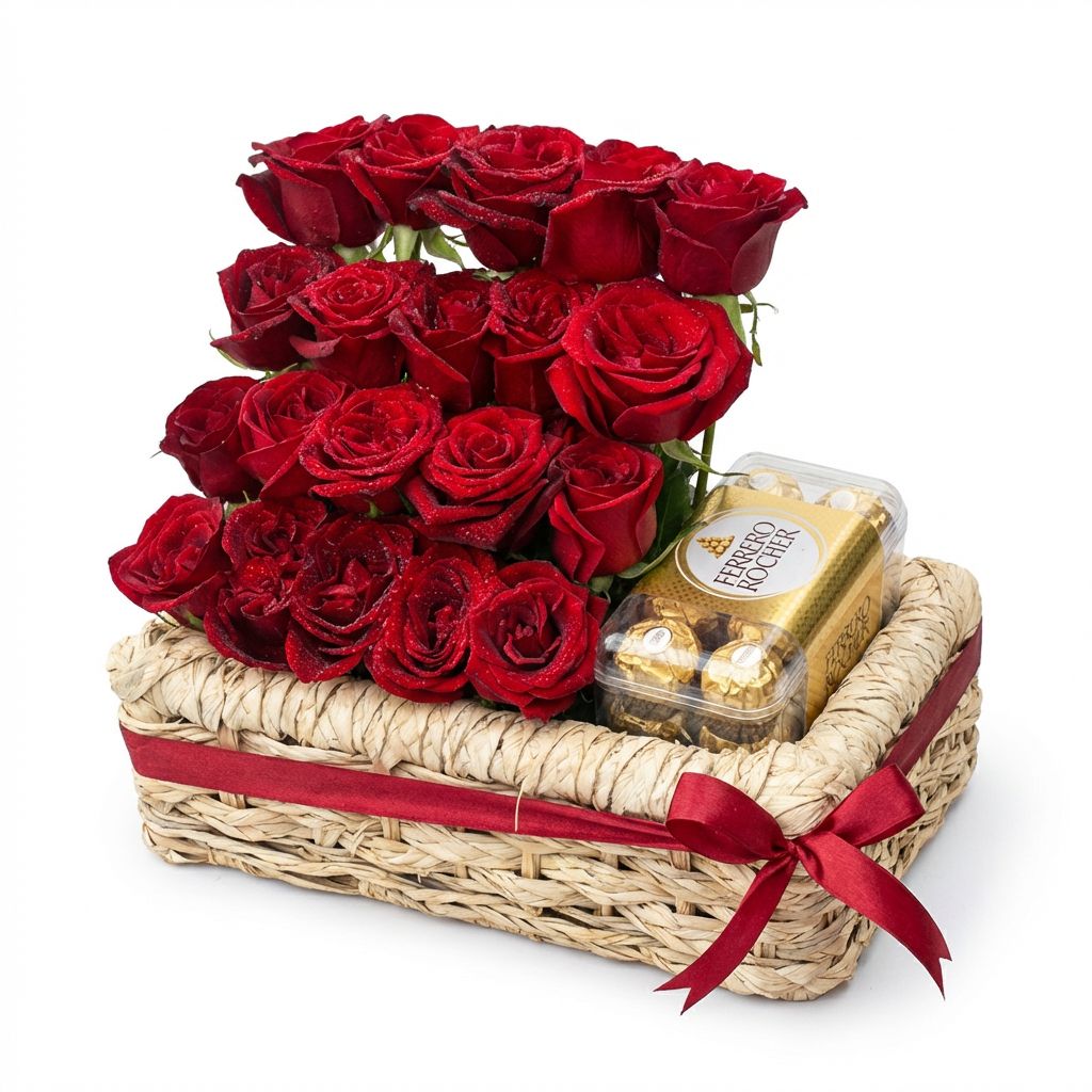 20 red roses &amp; 16 ferrero rocher in palm basket