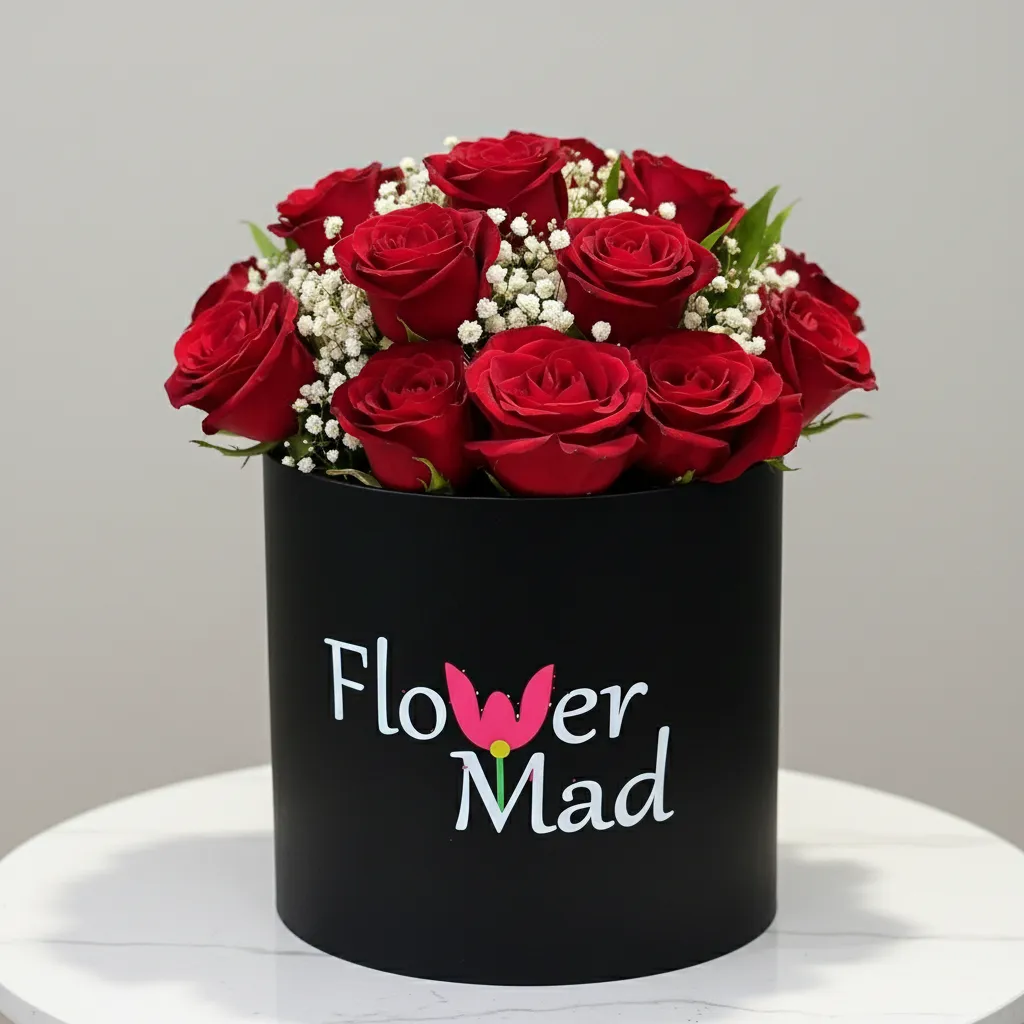 Black Box with 20 Red Roses &amp; Baby Flowers